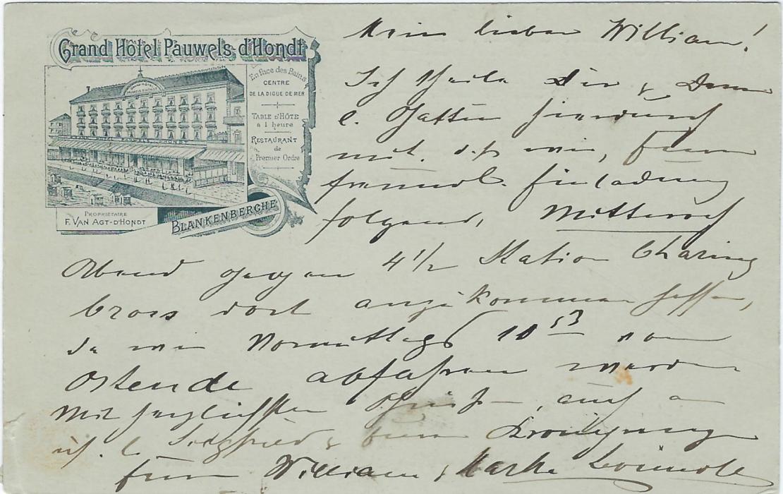 Belgium (Picture Stationery - Hotel) 1895 10c card with small image on reverse entitled Grand Hotel Pauwels d’Hont, Blankenberghe, used from there to London with full message.
