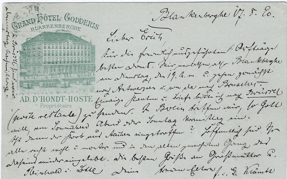 Belgium (Picture Stationery - Hotel) 1890 10c card with small image on reverse entitled Grand Hotel Godderis, Blankenberghe, used from there to Berlin with full message.
