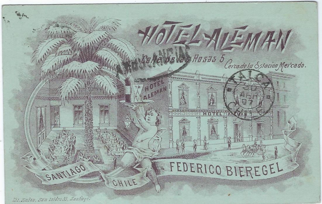 Chile (Picture Stationery - Hotel) 1897 1c. green card used from Santiago to Talca bearing full image entitled Hotel Aleman of Restaurant and Exterior view; good used.