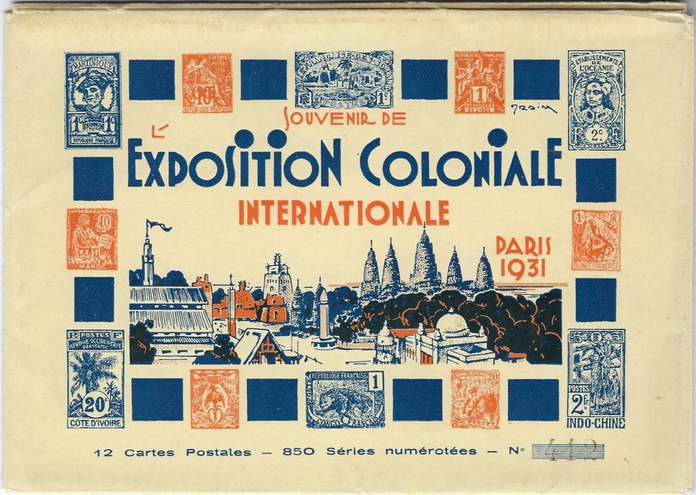 France 1931 International Colonial Exhibition, Paris set of twelve stationery cards, each with a different image and each card with handstamped ‘412’, with the original pochette; fine condition.