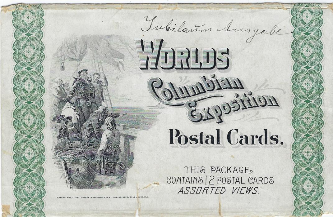 United States 1893 World’s Columbian Exposition wrapper for set of 12 cards (not included) by Koehler, the wrapper with ‘This package contains 12 postal cards’; some faults including two tears at base.