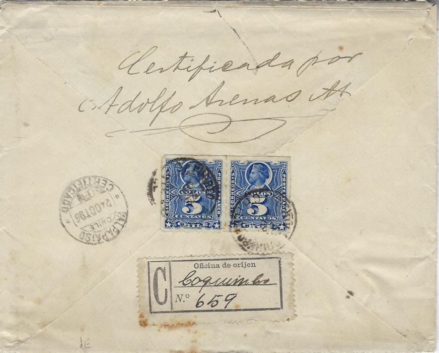 Antarctic Chile 1896 registered internal cover to Otto Nordenskiold at the Swedish & Norwegian Consulate, redirected to Hotel Ingles, Valparaiso.  He was leading a mineralogical expedition to Patagonia at this time becoming later the leader of 1901-04 Swedish Antarctic Expedition.