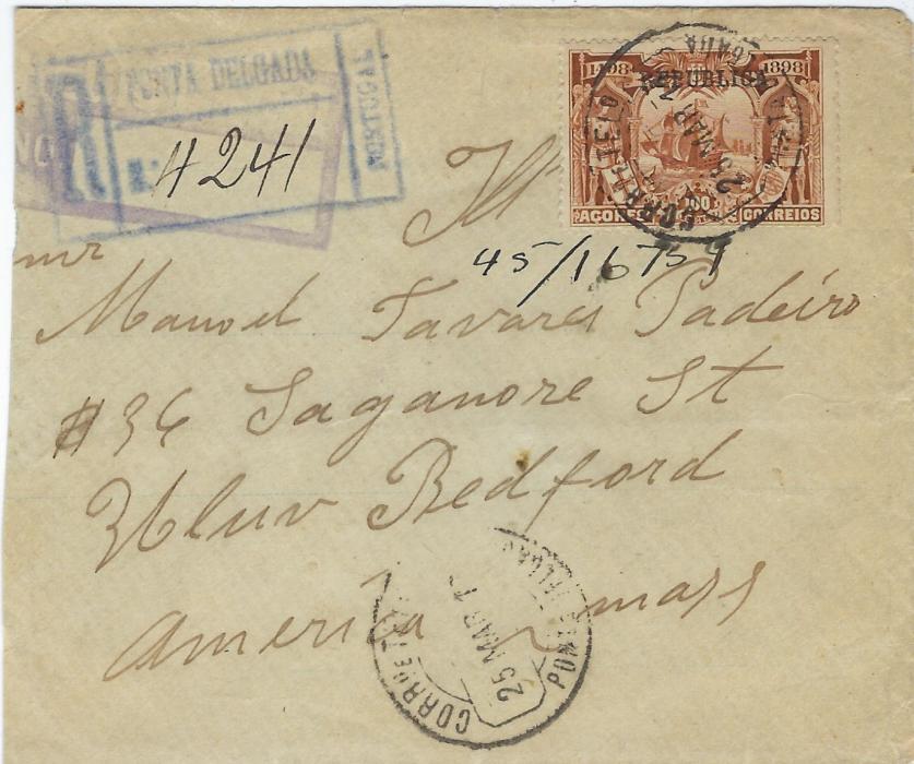 Portugal (Azores) 1912 (25 Mar) registered cover to New Bedford, USA bearing single franking 100r. Vasco Da Gama tied Ponta Delgada cds, registration handstamp at left which has been overstruck by violet American registration. Reverse with Boston transit and arrival cds; slightly reduced at left, still a good example of commercial single franking.