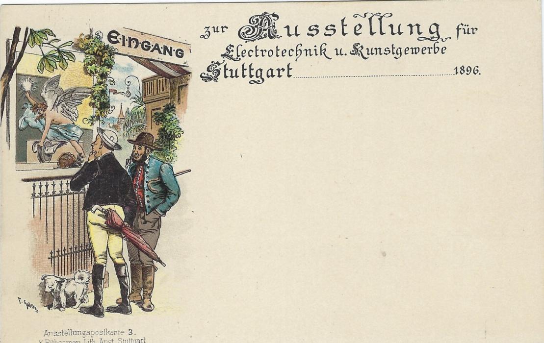 Wurttemberg (Picture Stationery) 1896 5pf. card ‘Zur Austellung fur Electrotecnik u. Kunstrewerbe, Stuttgart’  with image depicting two farmers with a dog at entrance; fine unused condition. PP11 C4 01