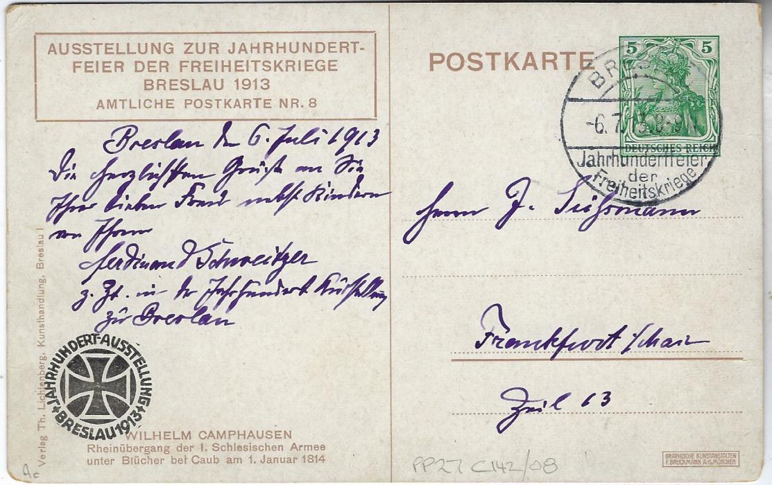 Germany (Picture Stationery) 1890s1913 5pf Germania card inscribed ‘Austellung Zur Jahrhundert Feier der Freiheitskriege Breslau 1813’ with image General Blucher at Caub, including a dog in foreground, used with special cancel. PP27 C.165-08