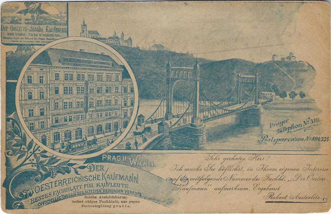 Austria (Picture Stationery) 1880s 2k. card entitled Der Oesterreichische Kaufmann, Prag II, Wien IX with image of the shop and bridge. some slight overall ageing unused.