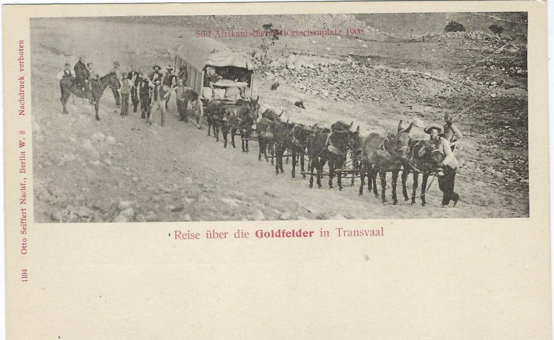 Germany (Picture Stationery) 1900 2pf grey card with image entitled ‘Reise uber die Goldfelder in Transvaal’ depicting  a twelve team mule team pulling wagon; very fine unused. PP7 C4-04