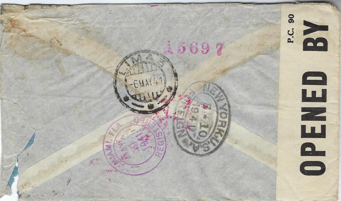 Peru Two 1941 airmail covers addressed to Marseille, a Vichy controlled area, via Miami and New York and then Bermuda where censored and retained, not being released until after the War, showing two different RELEASED wavy-line handstamps; both with corner faults to envelope.