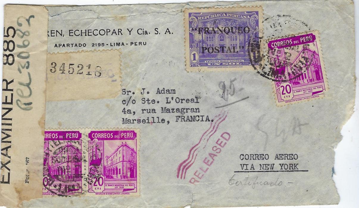 Peru Two 1941 airmail covers addressed to Marseille, a Vichy controlled area, via Miami and New York and then Bermuda where censored and retained, not being released until after the War, showing two different RELEASED wavy-line handstamps; both with corner faults to envelope.