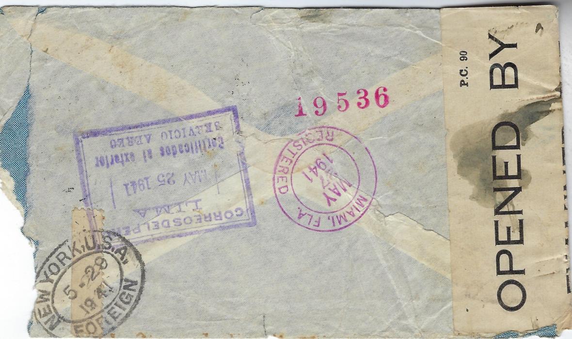 Peru Two 1941 airmail covers addressed to Marseille, a Vichy controlled area, via Miami and New York and then Bermuda where censored and retained, not being released until after the War, showing two different RELEASED wavy-line handstamps; both with corner faults to envelope.