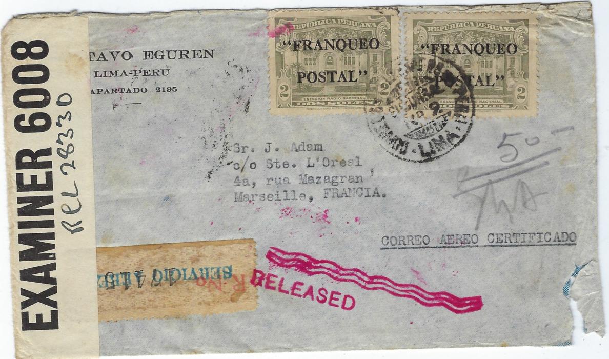 Peru Two 1941 airmail covers addressed to Marseille, a Vichy controlled area, via Miami and New York and then Bermuda where censored and retained, not being released until after the War, showing two different RELEASED wavy-line handstamps; both with corner faults to envelope.