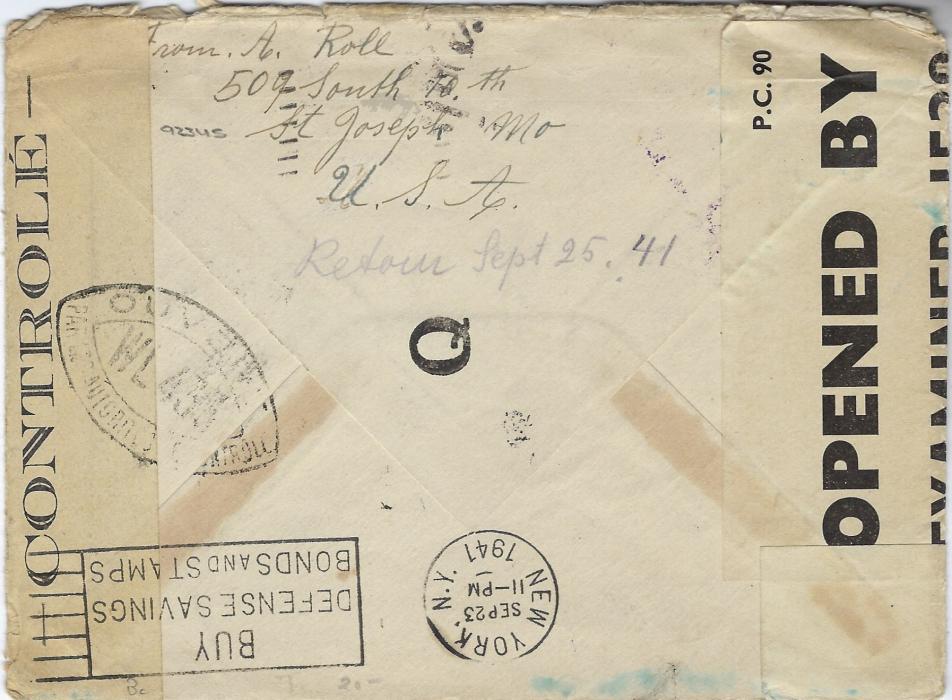 United States 1941 (Mar 18) airmail cover addressed to Besancon, France, franked 4c., 11c. and 15c. Presidents tied wavy-line Saint Joseph date stamp with a duplex added to left, French censorship with three-line RETOUR A L’ENVOYEUR/ RELATIONS POSTALES/ INTERROMPUES handstamp plus British RETURN TO SENDER/ SERVICE SUSPENDED, reverse with New York transit on return Sep 23.