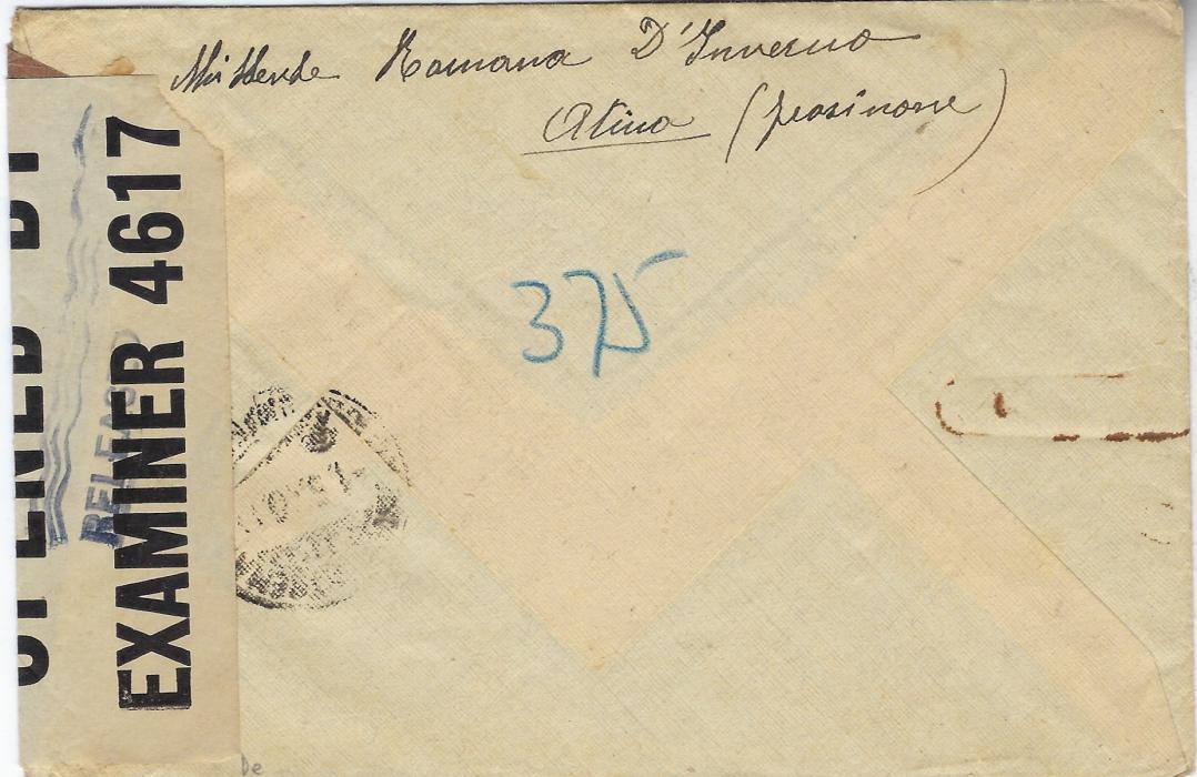 Italy 1940 (30.4.) registered cover from Atina to Buenos Aires, Argentina franked at 1L.75 rate, intercepted and censored in Bermuda with OPENED BY/ EXAMINER 4617 sealing tape with wavy-line RELEASED handstamp front and back.