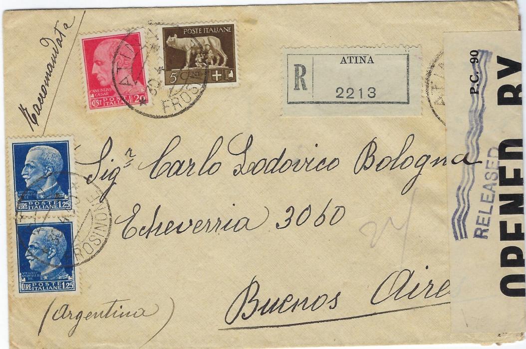 Italy 1940 (30.4.) registered cover from Atina to Buenos Aires, Argentina franked at 1L.75 rate, intercepted and censored in Bermuda with OPENED BY/ EXAMINER 4617 sealing tape with wavy-line RELEASED handstamp front and back.