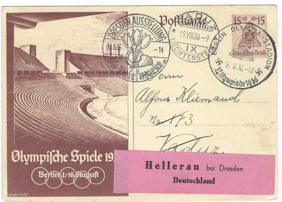 Germany (1936 Berlin) 1936 (16.8.) 15+10pf illustrated postal stationery card to Vaduz, Liechtenstein with ‘Bell’ Stadium cancel, arrival cancel to left where redirected to Dresden with Exhibition arrival cancel to left, reverse with fine strike of Olympia Postwertzeichen Austellung red meter mail proof strike.