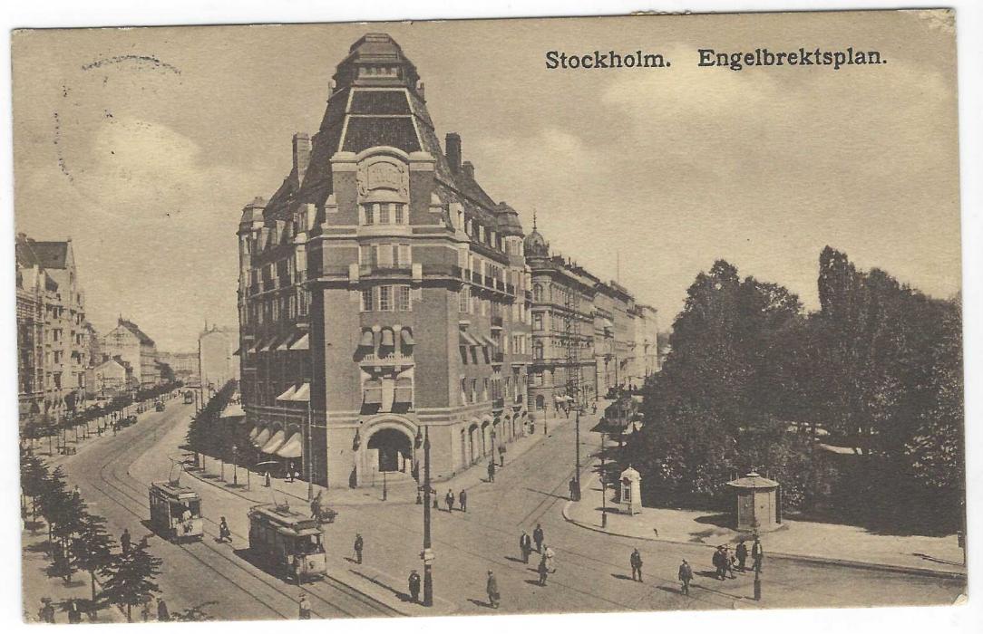 Sweden (1912 Stockholm Olympics) 1912 (6.7.) Engelbrektsplan picture postcard sent to Vienna on 8th day of the Games franked 5o tied Stockholm cds, at left Olympic vignette in German, uncancelled  but tied by some of the signatures of the Austrian Cycling team