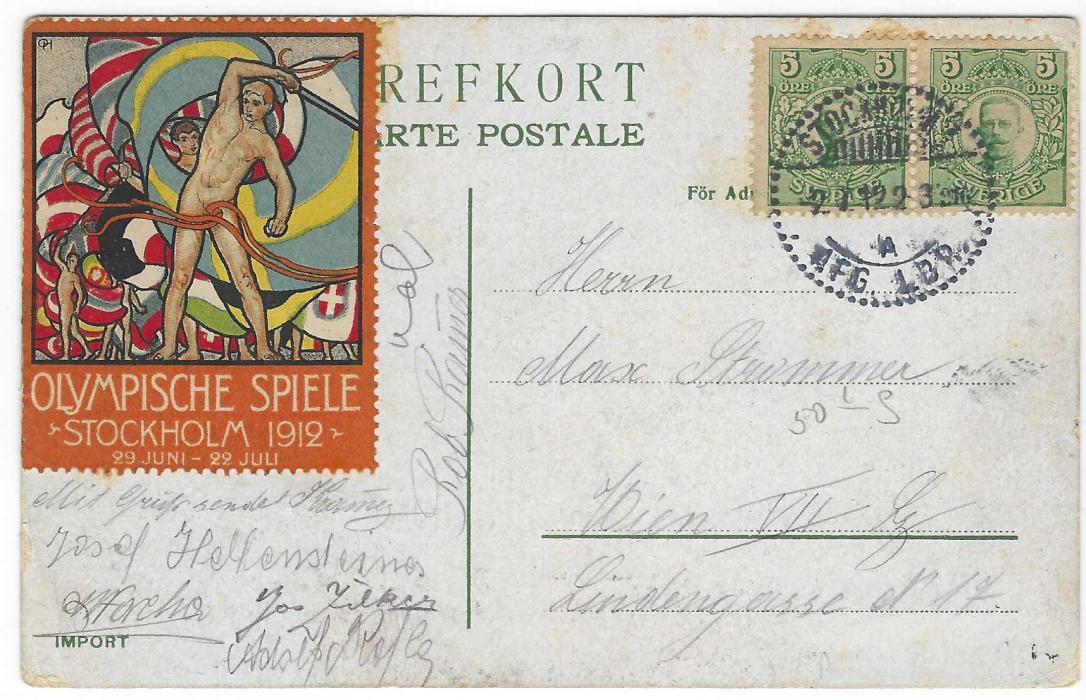 Sweden (1912 Stockholm) 1912 (2.7.) picture postcard sent to Vienna on 4th day of the Games, franked pair 5o tied Stockholm cds, at left Olympic vignette in German, uncancelled  surrounded by  signatures of the Austrian Cycling team. Some toning around stamps, a further vignette applied on front.
