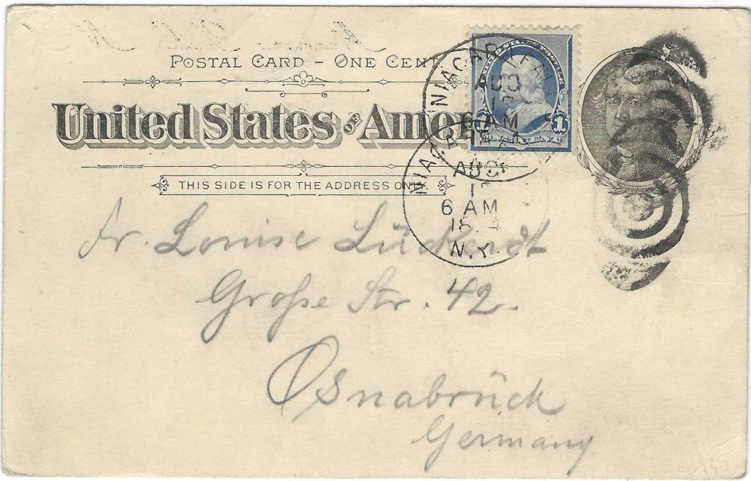United States (Picture Stationery - Waterfall) 1894 (Aug 15) 1c. ‘Jefferson’ picture stationery of Niagara Falls, uprated 1c. used to Osnabruck, Germany and tied by two Niagara target duplex; good condition.