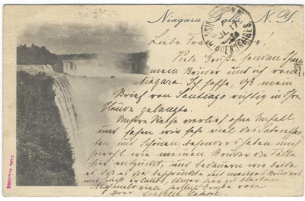 United States (Waterfall) 1894 (Jun 12) 1c. ‘Jefferson’ picture stationery of Niagara Falls to Buenos Aires, Argentina, uprated with oxidised 1c. tied Niagara Falls N.Y. cds, endorsed “via England” with London transit of JU 20, arrival backstamp of JL 17.