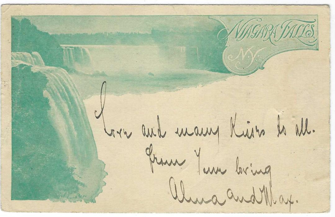 United States (Waterfall) 1897 (Aug 21) 1c. ‘Jefferson’ picture stationery of Niagara Falls in bright blue-green shade to Berlin, Germany, uprated with 1c. and 3c. tied two Niagara Falls N.Y. numeral duplex, arrival cancel at left