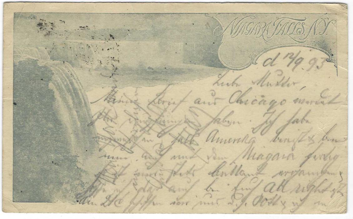 United States (Waterfall) 1893 (Sep 12) 1c. ‘Grant’ picture stationery of Niagara Falls in dull blue-grey  shade to Hannover, Germany, uprated with 1c. tied two Buffalo Falls N.Y. numeral duplex, arrival cancel at left