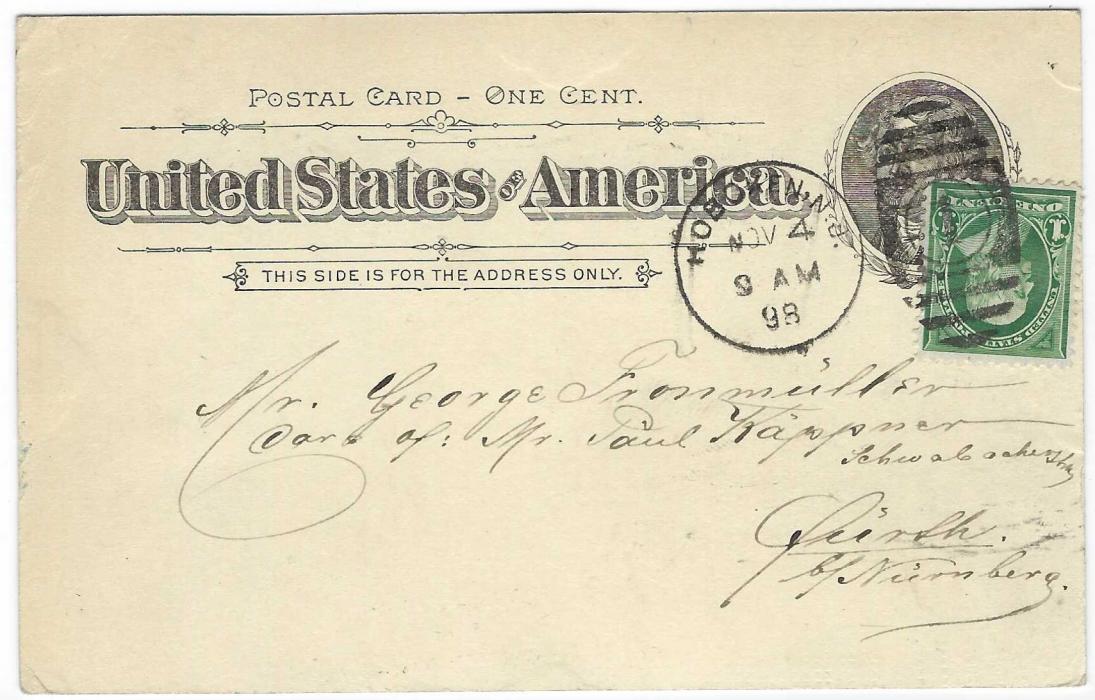 United States 1898 1c. picture postal stationery card entitled ‘Souvenir of Greater New York – Fire Island’ depicting the Lighthouse, used to Germany and uprated 1c. tied Hoboken duplex; fine condition.