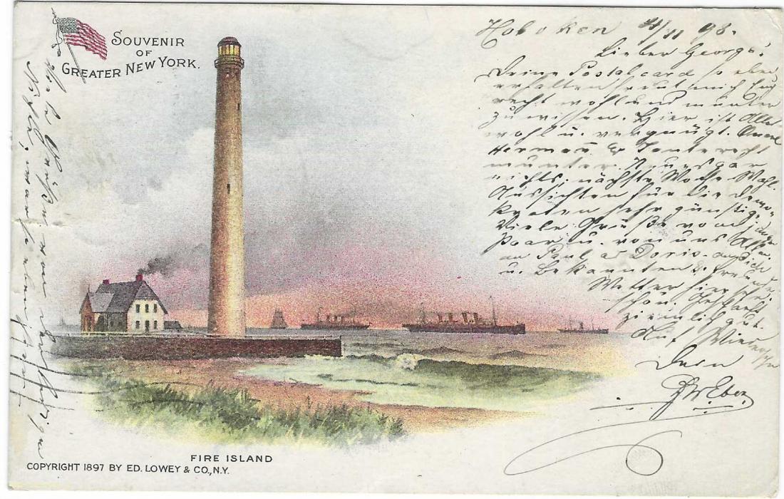 United States 1898 1c. picture postal stationery card entitled ‘Souvenir of Greater New York – Fire Island’ depicting the Lighthouse, used to Germany and uprated 1c. tied Hoboken duplex; fine condition.