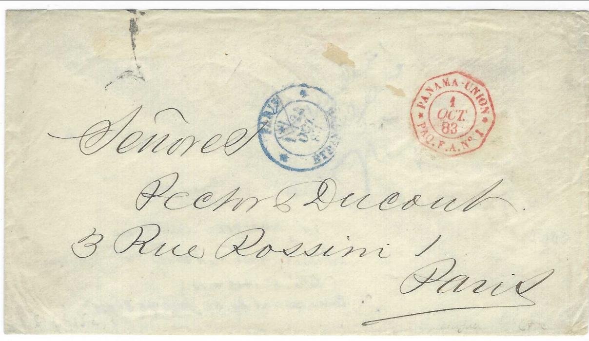 Nicaragua 1883 envelope with imprinted albino seal on backflap ‘Secretaria De Hacienda’, addressed to Paris routed through Colon to connect with the “Ville de Brest” bound for St. Nazaire. Front bears red French maritime octagonal Panama-Union * Paq.F.A.No.1 * date stamp (Salles 1415a/1) with blue arrival alongside. Rare and early Official cover. Ex Schatykes.