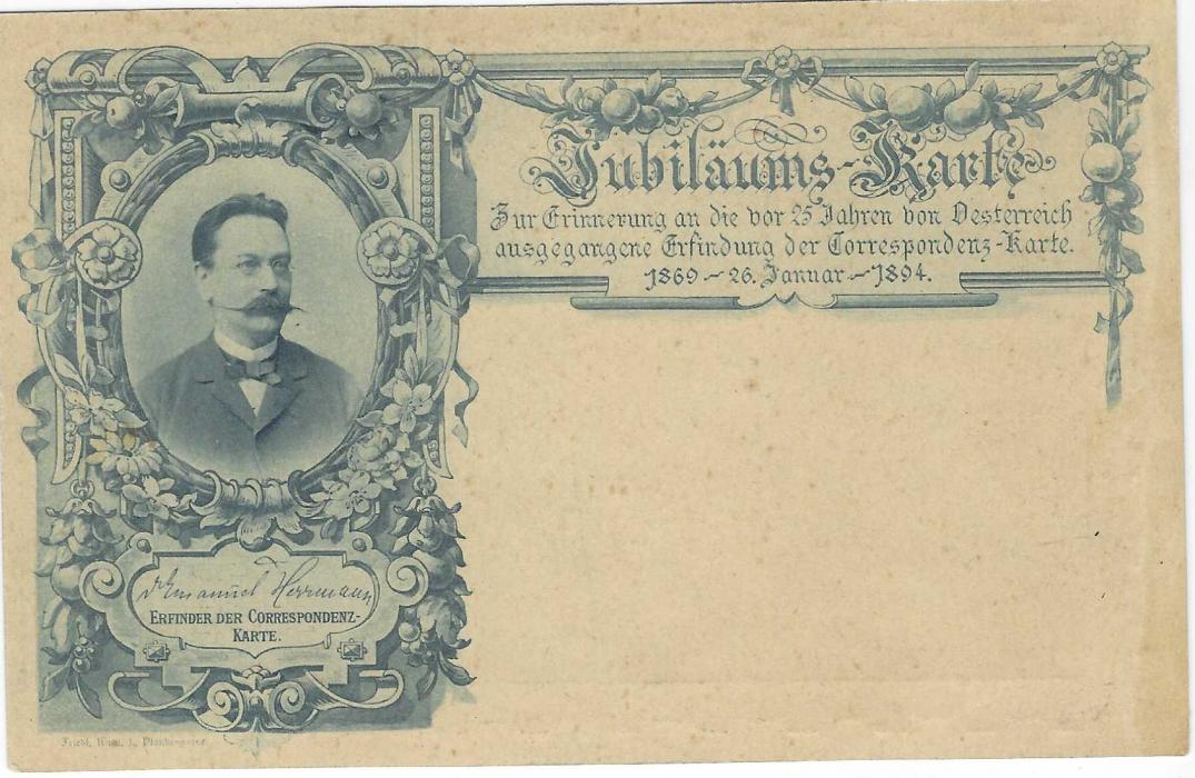 Austria (Picture Stationery) 1890s 2Kr. Jubilaums Karte celebrating 25 years of stationery with portrait of inventor of the correspondence card, unused