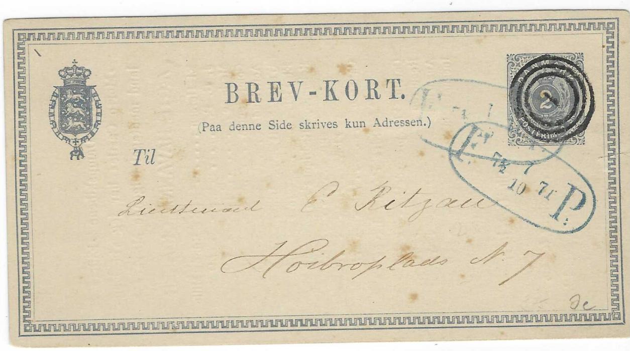 Denmark (Advertising  Stationery) 1871 2sk. Stationery card bearing, on reverse printed price list for Havana Cigars; some toning on stamp image side, a very early advertising card.