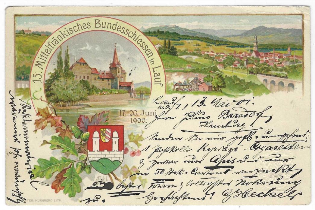 Germany (Bavaria - Picture Stationery) 1901 5pf. ’15. Mittelfrankisches Bundesschiessen in Lauf’, used from Lauf to Hamburg; top right corner crease, generally good used condition.