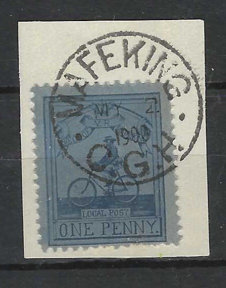 Cape of Good Hope (Mafeking) 1900 1d. pale blue on blue (plate II, stamp 8) Cadet Sergt-Major Goodyear on bicycle used on small piece tied MY 2 cds, some damage at bottom right of stamp with some inking in, Philatelic Federation of South Africa Expert Committee certificate 2013.
