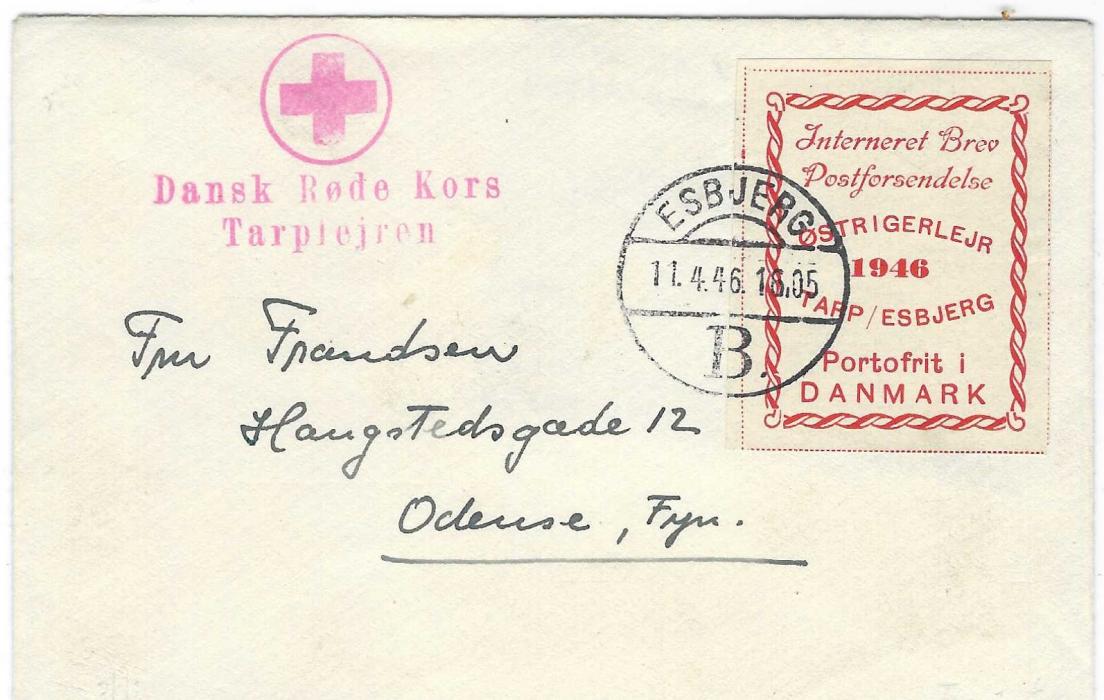 Denmark 1946 (11.4.) envelope to Odense with ‘Interneret Brev’ label tied by Esbjerg B. cds, red Red Cross cachet at left; fine and fresh showing outer frame of dots on each side.