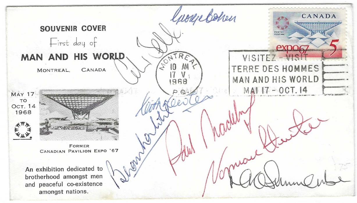 Canada 1968 ‘Man and His World’ illustrated envelope with Montreal advertising slogan, the envelope signed by various English footballers including George Cohen, Colin Bell, Keith Newton, Paul Madeley, Norman Hunter and Mike Summerbee.