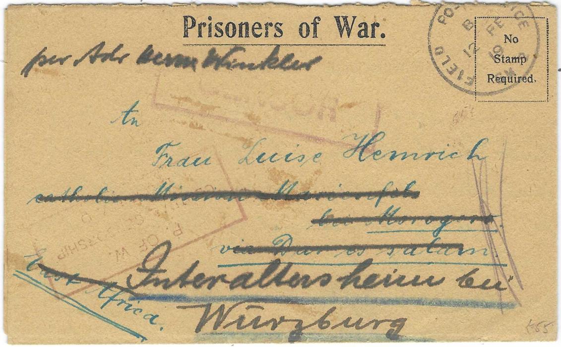 Egypt 1919 (12 FE) ‘Prisoners of War’ stampless printed envelope to Morogoro, East Africa, redirected to Germany with Field Post Office GM date stamp (GHQ of Egyptian Expeditionary Forces), red framed CENSOR with further three-line framed censor handstamp in same ink below.
