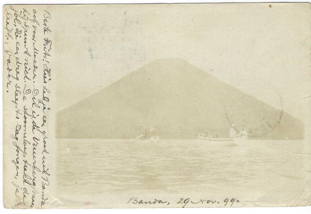 Netherland East Indies (Picture Stationery) 1899 (2/12) 7½c. card with photographic image on front, now a little faded of Banda Volcano to Den Haag, cancelled Banda square circle, unclear transit and arrival cds at left. Scarce used card.