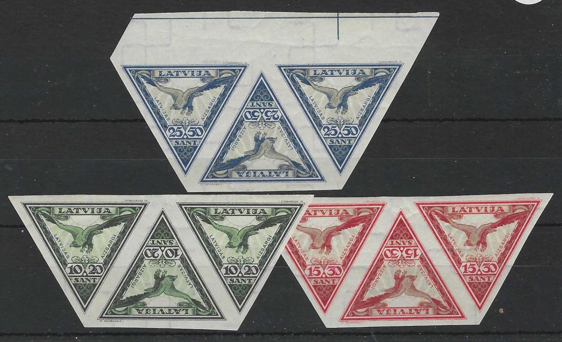 Latvia 1932 Air Charity imperf triangular set of three in horizontal strips of three fresh mint never hinged, the 10-20s with some creasing.