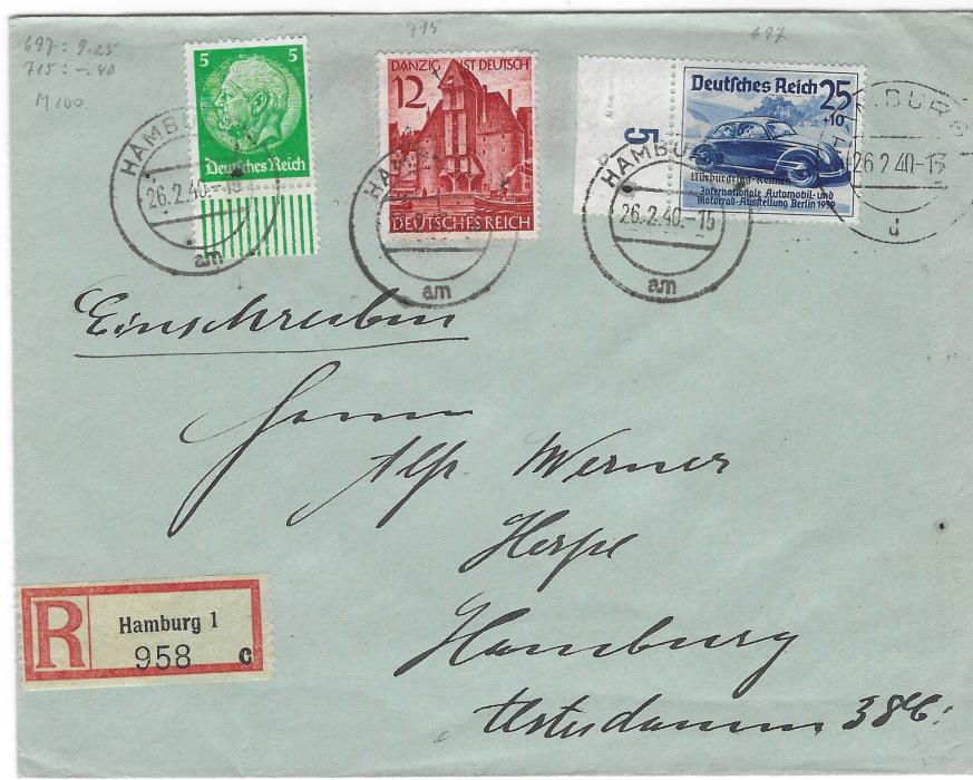 Germany 1940 (26.2.) registered cover used within Hamburg franked at 42pf. rate including 25 + 10pf. Nurburgring-Rennen overprinted Volkswagen marginal stamp. A difficult stamp commercially used.