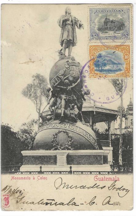Guatemala 1905 (31 May) picture postcard of Columbus Monument, treated as stationery with internal postage prepaid in price of card and with violet duplex handstamp for Exhibition, inscribed ‘El Correo en la Exposicion/ DEL 15 DE SEPTIEMBRE/ Primer Certamen 1904’, sent to Denmark so additionally franked 5c. and 10c. on front tied duplex that is repeated on reverse, the latter overstruck with arrival cancel.