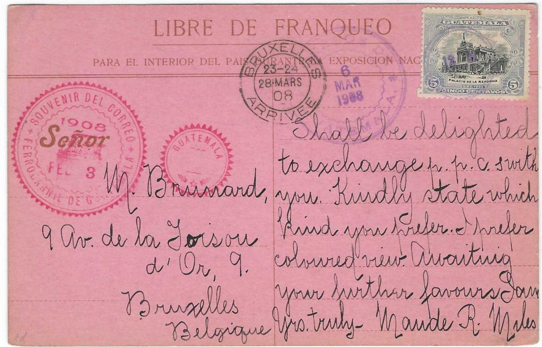 Guatemala 1908 (6 Mar) ‘Inauguracion del F.C. Interocianico’ Train illustrated card with on reverse special red duplex handstamp, additionally franked 5c. and 10c. for overseas postage to Belgium; fine condition used example.
