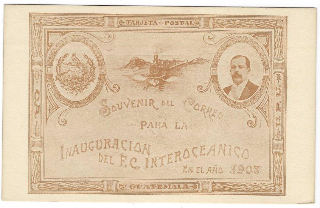 Guatemala 1908 ‘Inauguracion del F.C. Interocianico’ Train illustrated card with on reverse special red duplex handstamp, fine unused with a particularly fine image of the train which is often incomplete.