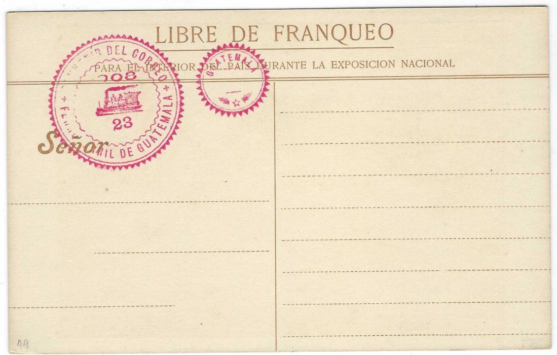 Guatemala 1908 ‘Inauguracion del F.C. Interocianico’ Train illustrated card with on reverse special red duplex handstamp, fine unused with a particularly fine image of the train which is often incomplete.