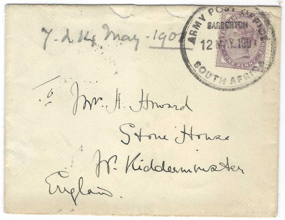 South Africa (Football and Cricket) 1901 (12 May) cover to “Stowe House, Nr Kidderminster, England” franked Great Britain 1d. lilac tied  Army Post Office/ Barberton/ South Africa cds. Contains two letters of 7.V. (some splitting) and 14.5. both with many references to Riding, Football and Cricket.