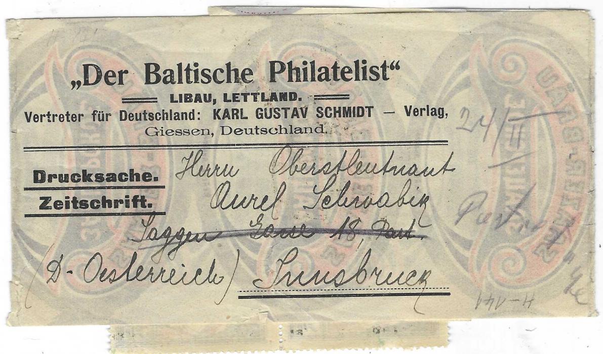 Latvia 1919 ‘Der Baltische Philatelist’ wrapper to Austria franked on reverse block of four 10k. Independence cancelled two Latwija Leepaja cds; fine and unusual.