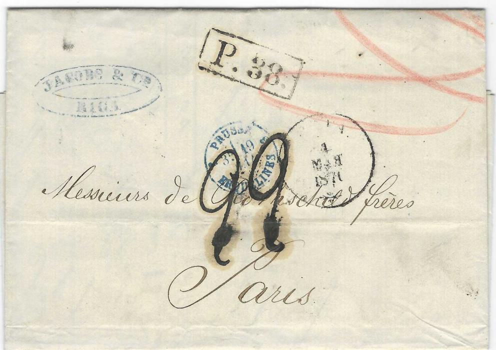 Latvia 1869-70 group of four entires from Rothschild correspondence to Paris showing a variety of accounting handstamps and transits through Germany.