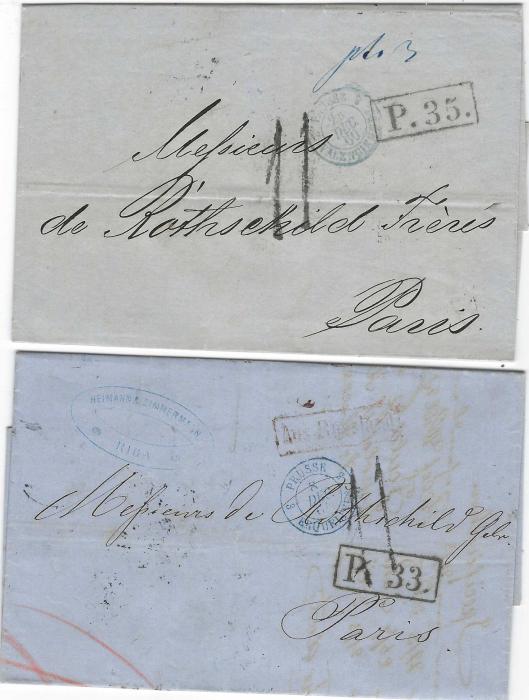 Latvia 1869-70 group of four entires from Rothschild correspondence to Paris showing a variety of accounting handstamps and transits through Germany.