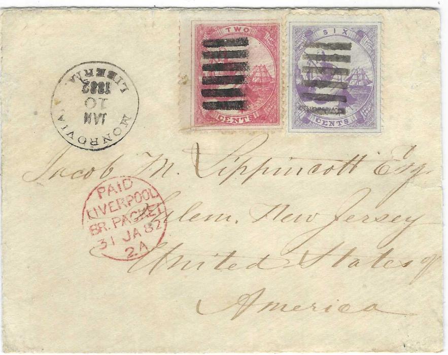 Liberia 1882 (Jan 10) cover to Salem, NJ, USA franked 1880 2c. and 6c. ‘Liberia’ with frame lines all round cancelled with narrow six bar handstamps, Monrovia transit cds to left, below this red Paid Liverpool transit (31 JA), reverse with New York ‘opera glasses’ transit; some slight tones but generally clean and attractive.