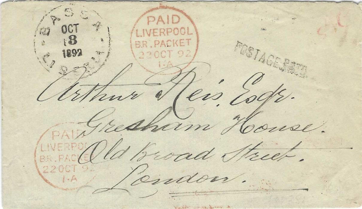 Liberia 1892 (Oct 3) stampless envelope to London bearing straight-line ‘Postage Paid’ and at left, Bassa Liberia date stamp, two red PAID/ Liverpool/ Br. Packet date stamps of the same date; fine and attractive.