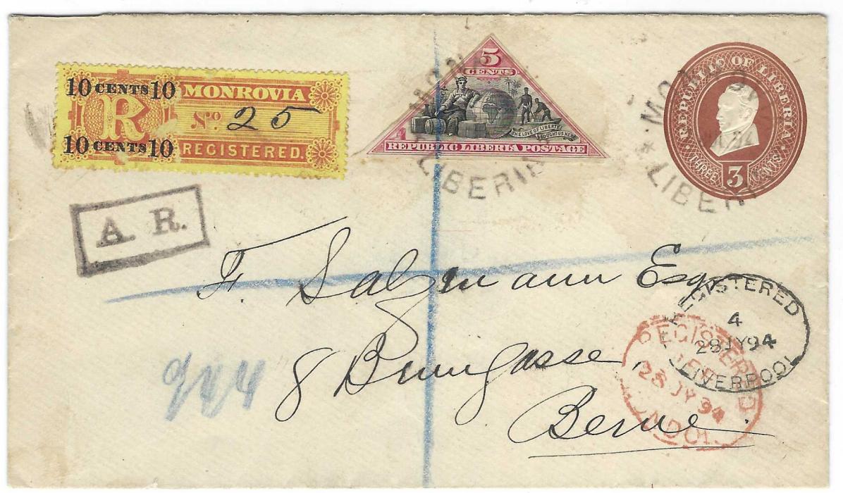 Liberia 1894 (7 Jul) 3c. postal stationery envelope registered to Switzerland, additionally franked with 5c. and registration 10c. red on yellow (uncancelled as usual, small surface rubs), cancelled Monrovia, London ad Liverpool transits, arrival backstamp. Fine item