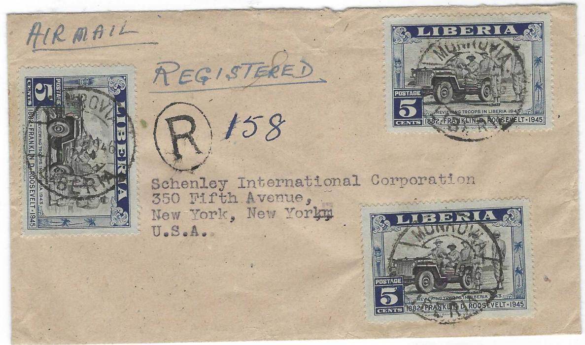 Liberia 1946 (15.1.) registered airmail cover to New York franked on front three 5c. Roosevelt and, on reverse further example plus pair of scarce airmail 30c. on 4c. tied Monravia cds and those on reverse by New York cancels; scarce commercial airmail.